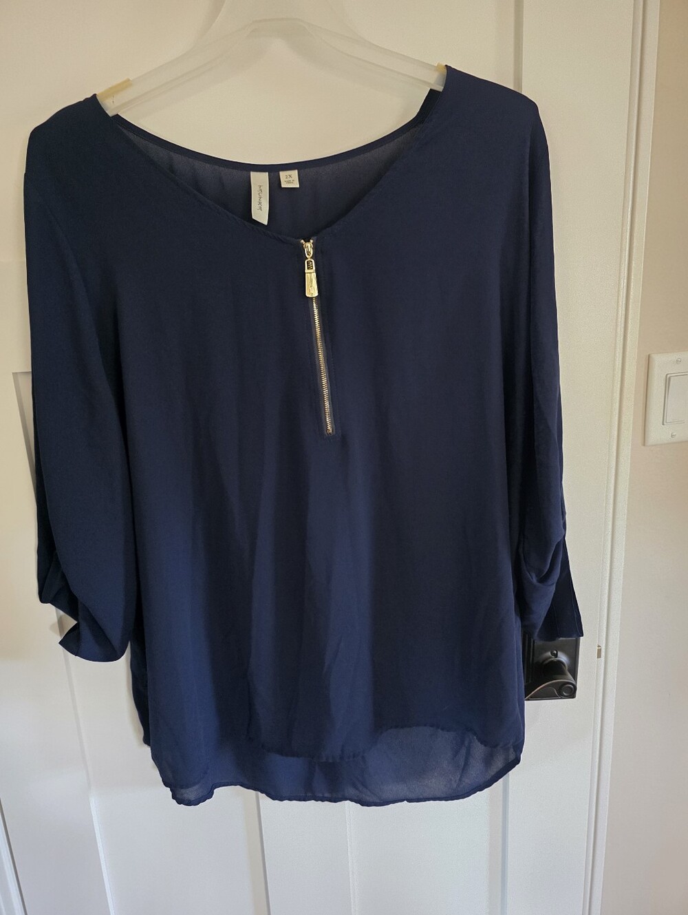 Tacera Navy Zip-Front V-Neck Blouse